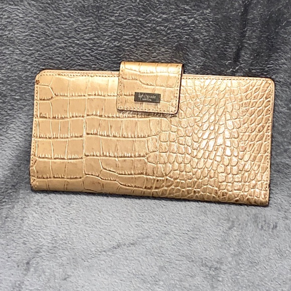 Kate Spade Gold Croc Skin Cashmere Long Clutch Snap Wallet EUC - Picture 1 of 12